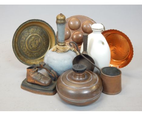 Small quantity of mixed metal ware including a cider measure and a ceramic hot water bottle. (9)