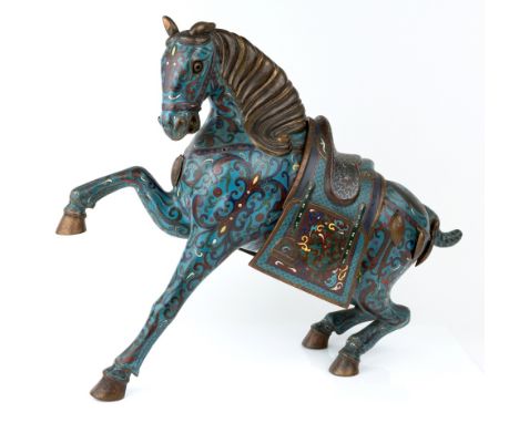 A large Chinese cloisonné-enamel figure of a caparisoned horse, early 20th century, decorated with archaistic birds and folia