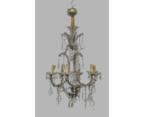 A Continental glass six-light chandelier, first half 20th century, the open cage frame with applied flower-heads and hung wit
