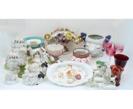 A collection of ceramics and glassware, 19th century and later, to include: a pair of Staffordshire Dalmatians, each modelled