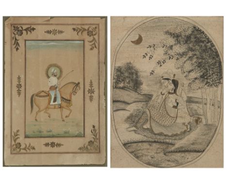 Two Indian miniature paintings, India, 20th century, ink and gouache on paper heightened with gilt, the first a night scene i
