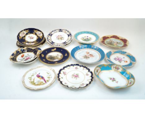 A group of British porcelain plates and dishes to include: a Minton plate, circa 1880, the rim with interlaced turquoise band