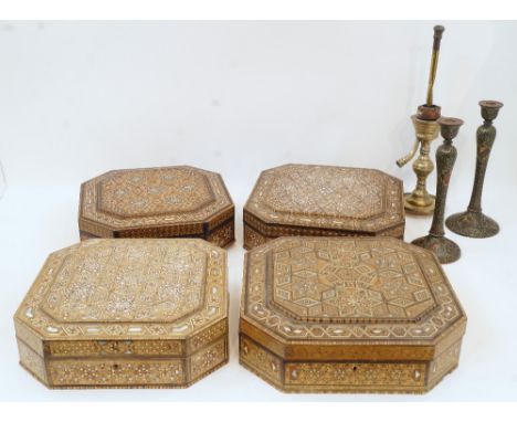 Four Middle Eastern parquetry boxes, first half 20th century, each intricately inlaid in wood, mother-of-pearl, and bone with