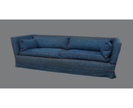 A two seater sofa, late 20th century, the blue upholstery with red and grey piping, 66cm high, 216cm wide, 93cm deepstains to