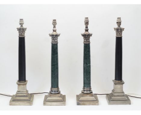 Two pairs of Corinthian column table lamps, American, of recent manufacture, one pair with black marble columns atop plinth b