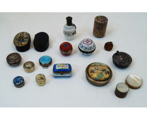 A group of sixteen trinket boxes, 19th / 20th century, of various origins, to include a Chinese cloisonne enamel cylindrical 