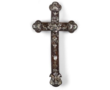 A Chinese mother-of-pearl inlaid wood Apostle cross, probably Macau, first-half 19th century, inlaid with incised mother-of-p