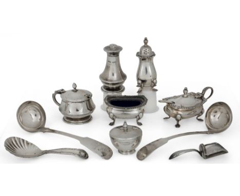 A group of silver cruets and spoons comprising: a pair of Scottish silver sauce ladles, Edinburgh, 1830, Donald Fraser; a Geo