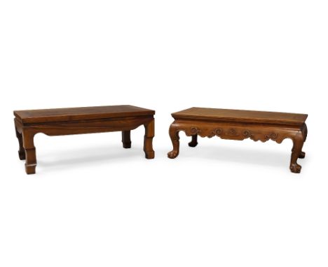 Two Chinese rosewood low tables, kang zhuo, 19th century, one carved with scroll frieze, 30cm x 41cm x 76cm, the other 29cm x