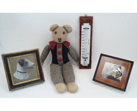 A group of collectibles, mid 20th century and later, to include: a plush bear, wearing a three button jacket with large colla