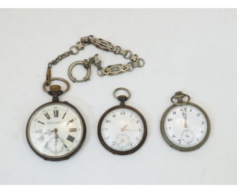 Three open-faced pocket watches with enamel dials, to include a French silver-played Regulateur with Roman hours, Arabic seco