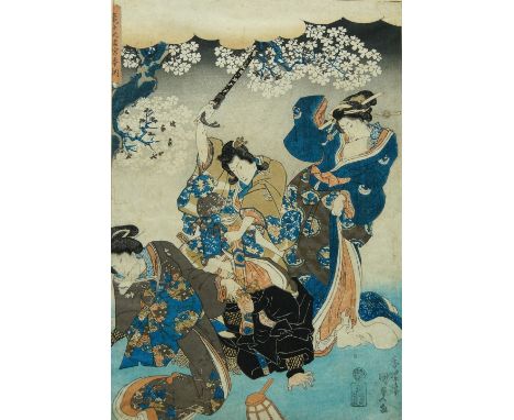 After Utagawa Kunisada I, Japanese, 1786-1864, Fighting, 20th century woodblock print, ink and colour on paper, bearing signa