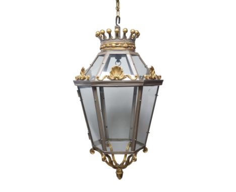 A grey painted and parcel gilt metal hexagonal hall lantern, 20th century, the corona in the form of an earls coronet, with s