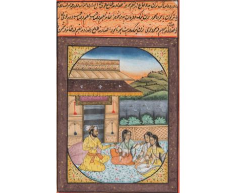 A group of modern Indian paintings, comprising: two domestic scenes of a nobleman with attendants in an enclosed garden, 15.5