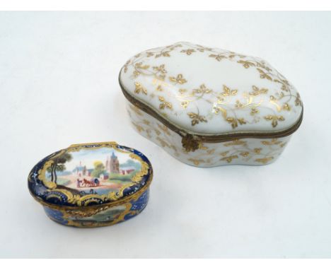 A French gilt-brass mounted enamel patch box, 19th century, of oval form, decorated with vignettes of rural scenes within scr