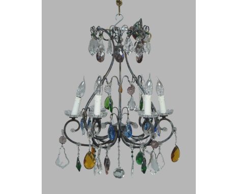 A modern metalwork and glass six-light chandelier, of open cage form, hung with coloured and clear glass drops, 55cm high, 44