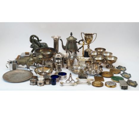 A large assorted collection of silver plate, to include: two pierced belts; a teapot; five Lonsdale silver plated footed bowl