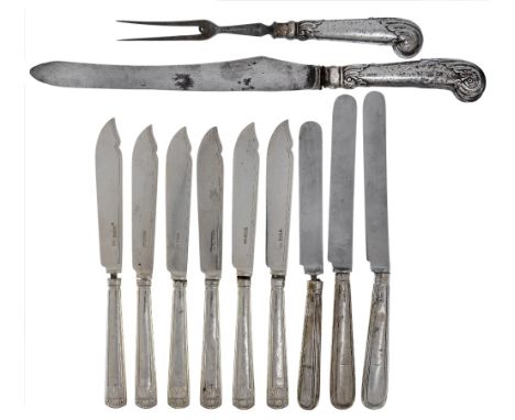 A small group of silver, comprising: a carving knife and fork with filled silver pistol grip handles, Sheffield, 1905, probab