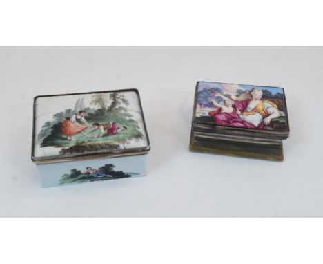 A Continental silvered brass and enamel snuff box, late 18th century, the cover decorated with a classical female figure, pos