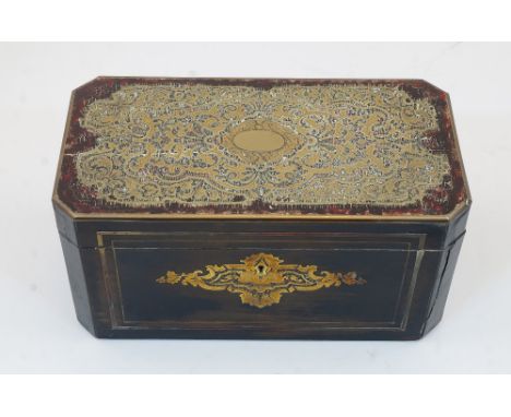 A George III brass inlaid ebonised wood tea caddy, 19th century, of rectangular form with canted corners, the lid with elabor