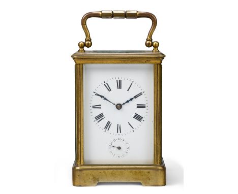 A French gilt-brass carriage clock, late 19th century, the corniche case with swing handle, the white enamel dial with Roman 