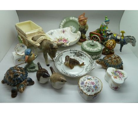 A tin plate clown with circus horse, Wade Humpty Dumpty, Hammersley and Royal Worcester trinket pots, Wade tortoise set, etc.