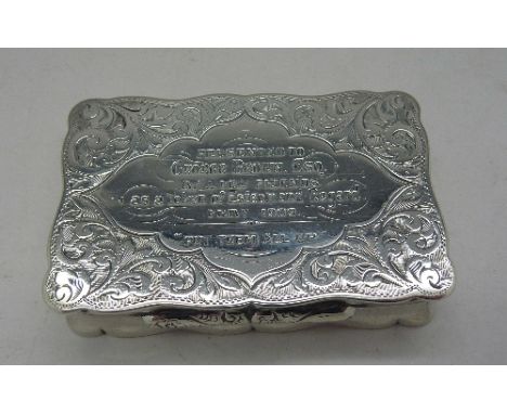 A silver snuff box, Birmingham 1909, with inscription dated 1909, width 7cm, weight 72g