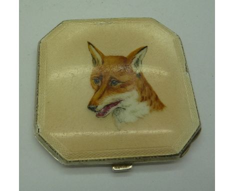 A silver compact with guilloche enamel lid, decorated with the head of a fox, enamel a/f, hallmarked Birmingham 1950