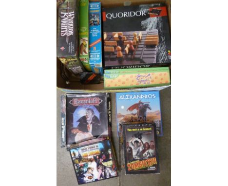 A box of role playing war games, including Ravenloft (sample copy - not for resale), Zombies!!!, Warrior Knights, Shuuro, etc