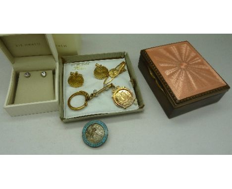 Jewellery including silver earrings, cufflinks, a tie pin and a brass and enamel trinket box