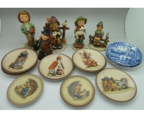 Four Hummel figures, eight miniature plates and a Goebel chimney sweep figure