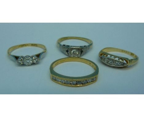Two 18ct gold, platinum set diamond rings and two 18ct gold and diamond rings, total weight 8.8g