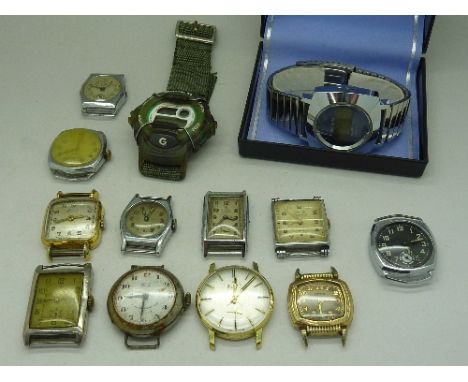 Eleven wristwatch heads including one silver, Rone Sportsman, Rogelin, Jungens, and two gentleman's wristwatches, Sekonda and