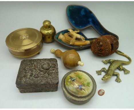 A pipe, three trinket boxes, two brass items and two carved wooden items, a/f