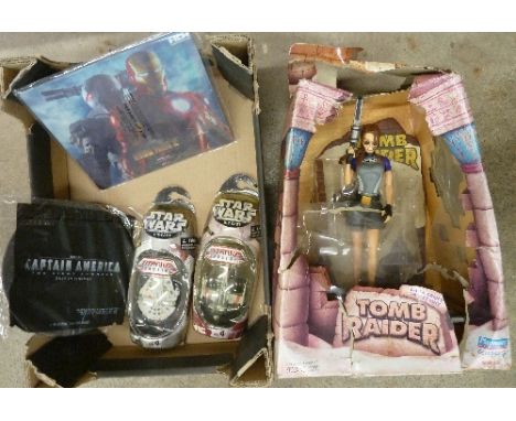 Two Star Wars Millennium Falcons, Titanium Series, boxed, a Tomb Raider figure, etc.