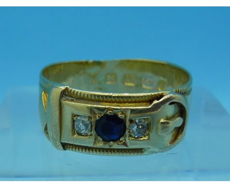 A Victorian 18ct gold, diamond and sapphire buckle ring, Birmingham 1885, weight 3.3g, size K