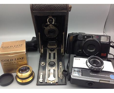 Vintage kodak camera plus goldline lens, olympus camera and kodak instamatic