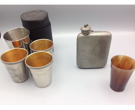 Set of cased plated drinking cups, horn cup and pewter hip flask