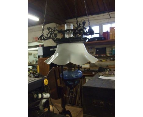 Antique Hanging oil lamp in cast iron frame with adjustable fall &amp; rise