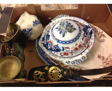 Box of china and brass to include horse brasses and vintage avery scales and weights
