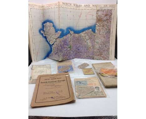 Quantity of military ephemera to include pilots map of Wales, war map of europe, mess bills, French tram season ticket, Franc