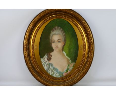 A watercolour portrait depicting an elegant lady, signed by the artist, contained in decorative oval frame under glass, appro