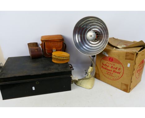 A metal deed box, vintage Pifco Infra Red Heat Lamp, cased brushes and other. [2]. [W]
