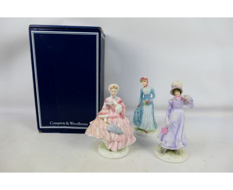 Three limited edition lady figures by Royal Worcester for Compton & Woodhouse from the Walking-Out Dresses Of The 19th Centur