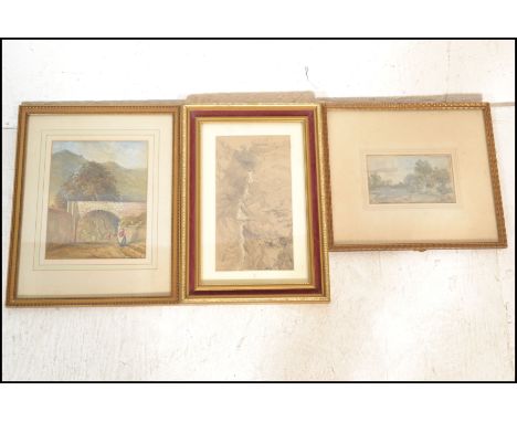 A group of 19th Century Victorian paintings to include a continental water colour landscape scene depicting a mountain road w