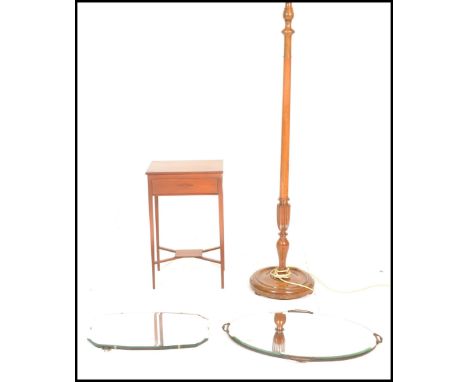 A mid 20th Century standard lamp together with two framless wall mirrors and work / sewing box with contents