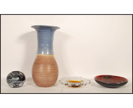 A collection of 1960's / 70's retro vintage studio art pottery and glass to include; Anna Ehmer for kosta boda glass purple s