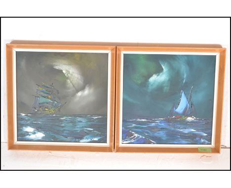 A pair of retro 20th Century framed George R Deakins - impasto oil on board painting pictures of a yacht at full and a galleo