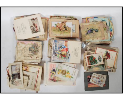 Greetings cards. A shoebox with Victorian and vintage, to c1950s Birthday and Christmas cards etc. Diverse range of themes &a