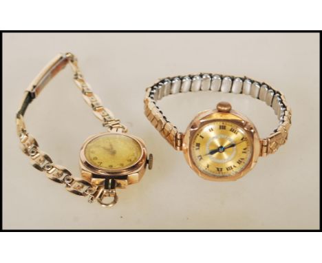 Two vintage 20th Century hallmarked 9ct gold watches one set to an expanding watch bracelet with gilt face and Roman numeral 